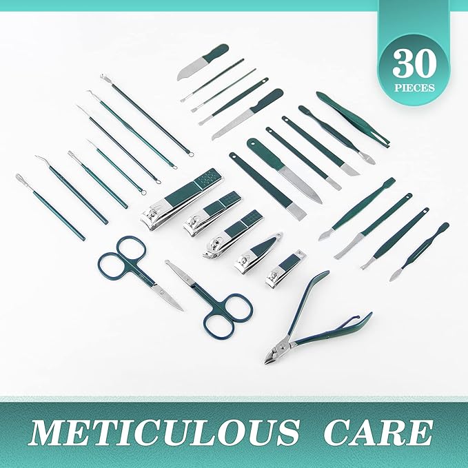 WOAMA 30-Piece Pedicure Kit Manicure Tools Nail Clipper Set with Green Travel Case for Home, Workplace, Gift, Beauty Salon