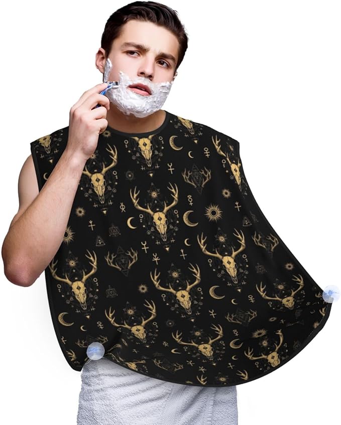 Beard Trimming Catcher Apron, Waterproof Non-Stick Grooming Bib for Shaving, Ideal for Men Dad Father’s Day, Dark Gothic Sun Moon Hunting Camo Deer Skulls Shave Bib