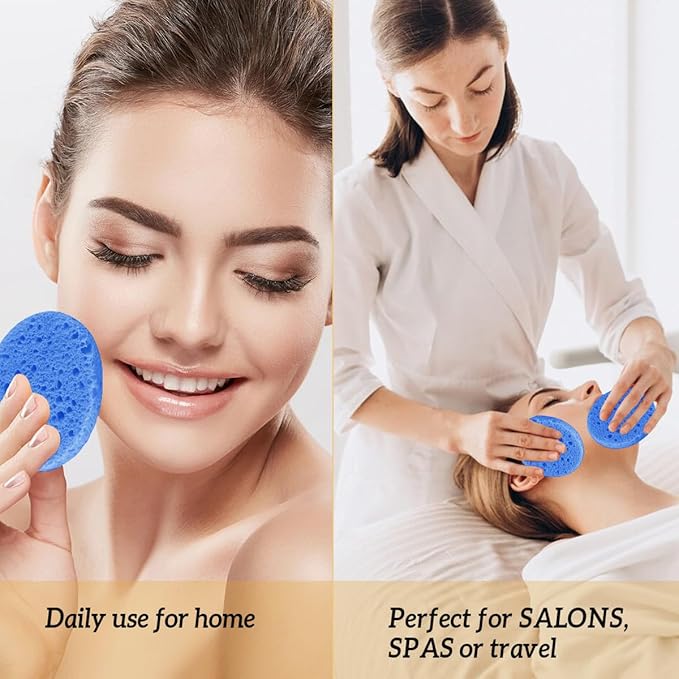 50-Count Facial Sponges Compressed Natural Cellulose Sponge Round Shape Face Sponge for Face Cleansing Exfoliating and Makeup Removal, Blue