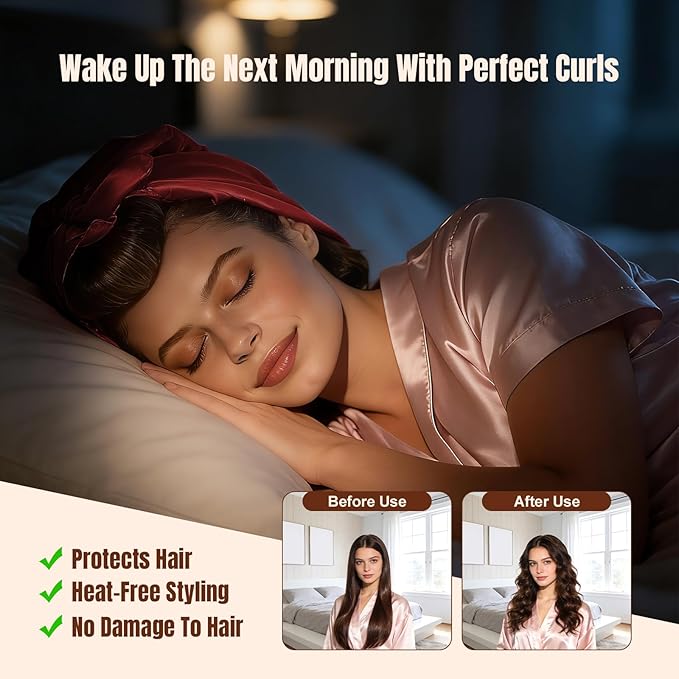 TULOBI 3 Pcs Heatless Curls Overnight - Upgraded Velvet Heatless Hair Curler with Velcro Fastener, Overnight Jumbo Blowout Rods, Hair Curlers to Sleep in for All Hair Types (Burgundy)