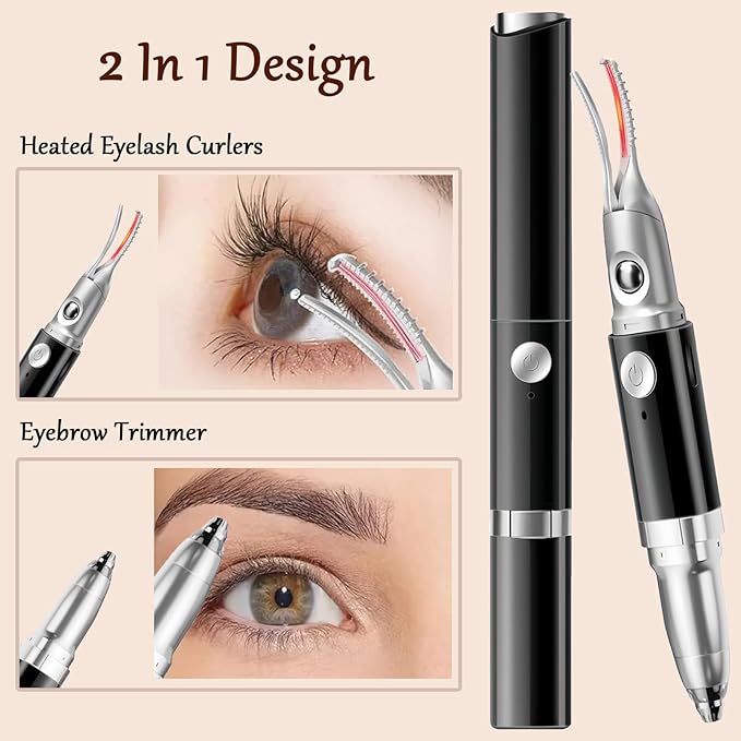 Heated Eyelash Curler - 2 in 1 Eye Lash Curler and Eyebrow Trimmer for Women with 2 Temperature Modes, USB Rechargeable Electric Eyelash Curler, Anti-Burn Design, Ideal Gift for Women(Black A)