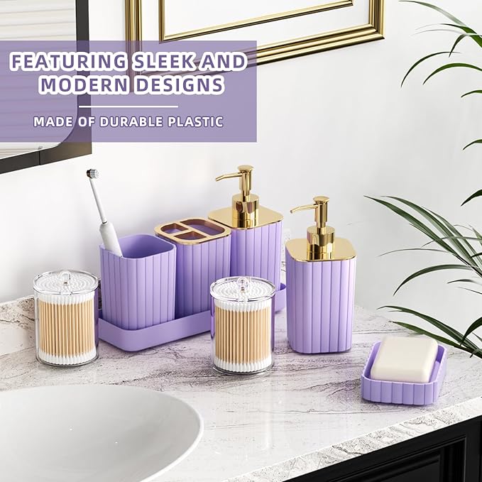 Bathroom Accessories Set - Gorgeous Bathroom Set, 10PC Purple Bathroom Accessory Set, Toilet Brush, Trash Can & Soap Dispenser