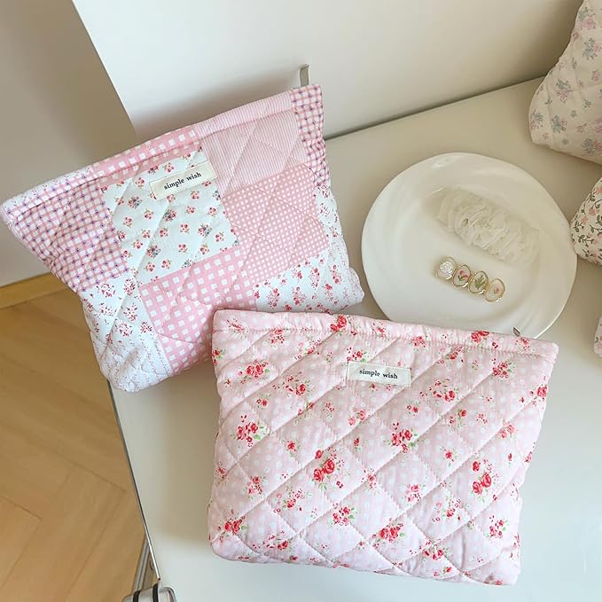 Floral Makeup Bag Large Cotton Quilted Cosmetic Makeup Bag Organizer, Cottagecore Aesthetic Portable Pouch Purse Toiletry Bag for Women Girls Travel accessories