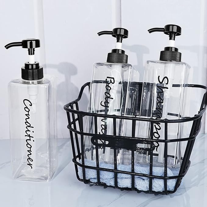 Shampoo Dispenser - Refillable Shampoo and Conditioner Bottles (Clear, Set of 3, 21oz) - Modern Shampoo Bottles for Shower Soap - Empty Shampoo Conditioner Body Wash Dispenser Set - for Bathroom