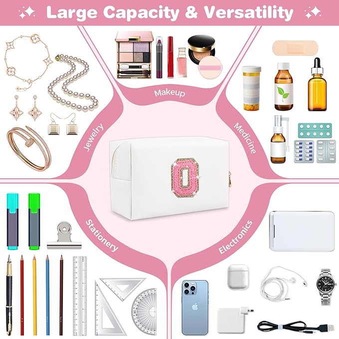 Small Initial Patch Makeup Bag Personalized Gifts Make Up Bag,White Cute PU Leather Glitter Letter Cosmetic Bag with Zipper,Trendy Portable Travel Toiletry Pouch,Preppy Stuff for Teen Girls Women O
