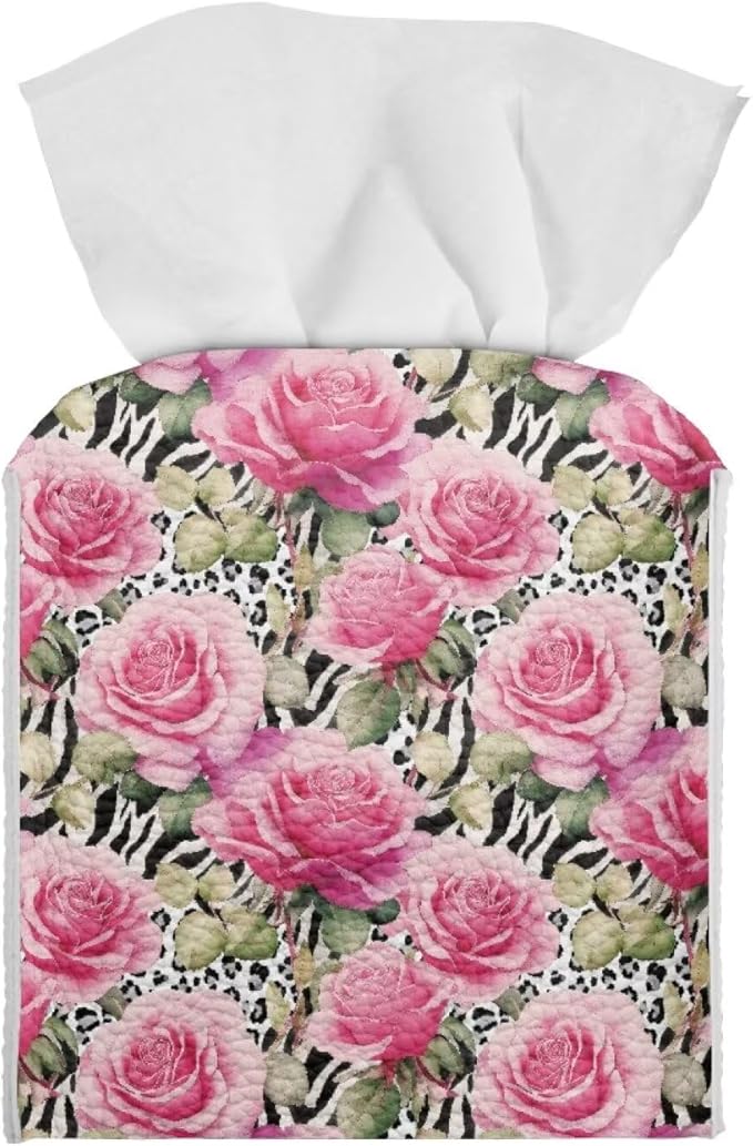 Rose Leopard Decorative Tissue Box Cover, Waterproof PU Leather Square Holder with Metal Button, Protective Napkin Case for Bathroom Countertop, Office Desk, and Car Interior