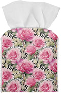 Rose Leopard Decorative Tissue Box Cover, Waterproof PU Leather Square Holder with Metal Button, Protective Napkin Case for Bathroom Countertop, Office Desk, and Car Interior
