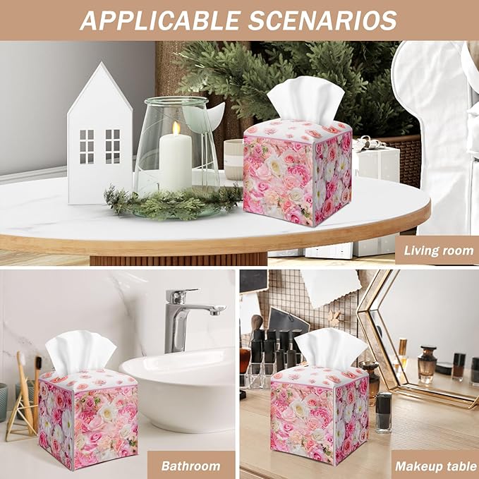 Roses Pink Floral Tissue Box Cover Square with Bottom Belt, Leather Waterproof Tissue Holder Facial Paper Case for Tabletop Home Office Bathroom Car Decor -04