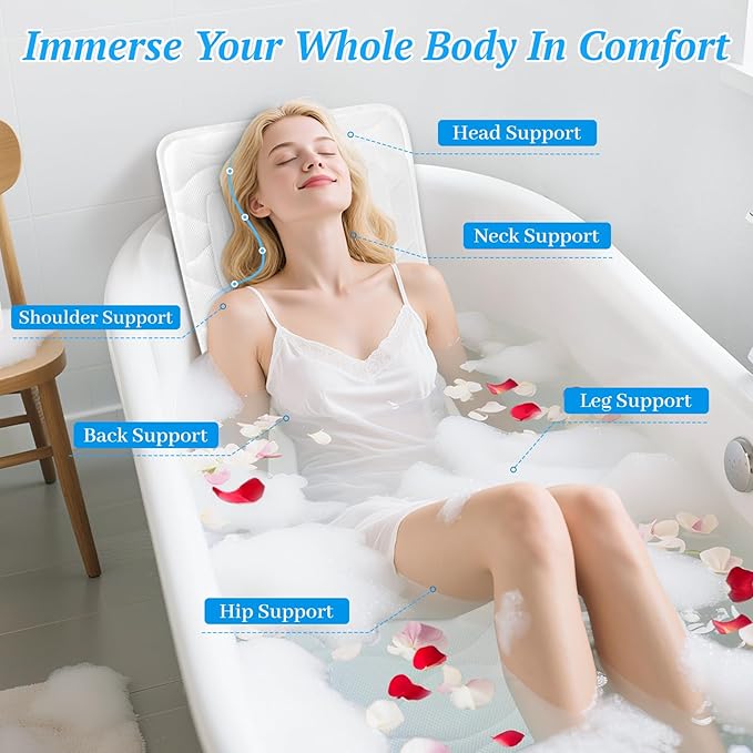 Bath Pillow for Tub with Laundry Bag & 17 Non-Slip Suction Cups, Extra Thick and Soft Bathtub Pillow for Head, Neck & Shoulder Support, 51" x 16" White