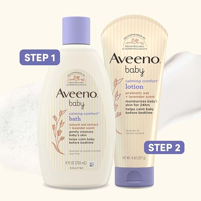 Aveeno Baby Calming Comfort Moisturizing Body Lotion with Relaxing Lavender & Vanilla Scents, Non-Greasy Baby Lotion, Natural Oatmeal & Dimethicone, Paraben- & Phthalate-Free, 8 fl. oz