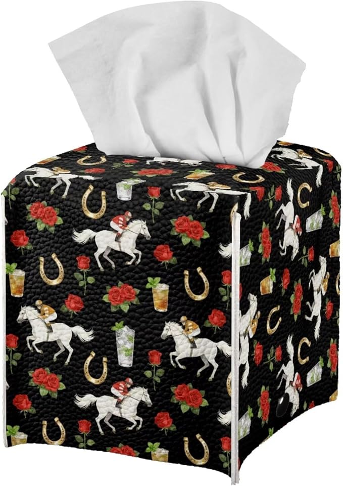 Rose Racing Horse Decorative Tissue Box Cover, Waterproof PU Leather Square Holder with Metal Button, Protective Napkin Case for Bathroom Countertop, Office Desk, and Car Interior