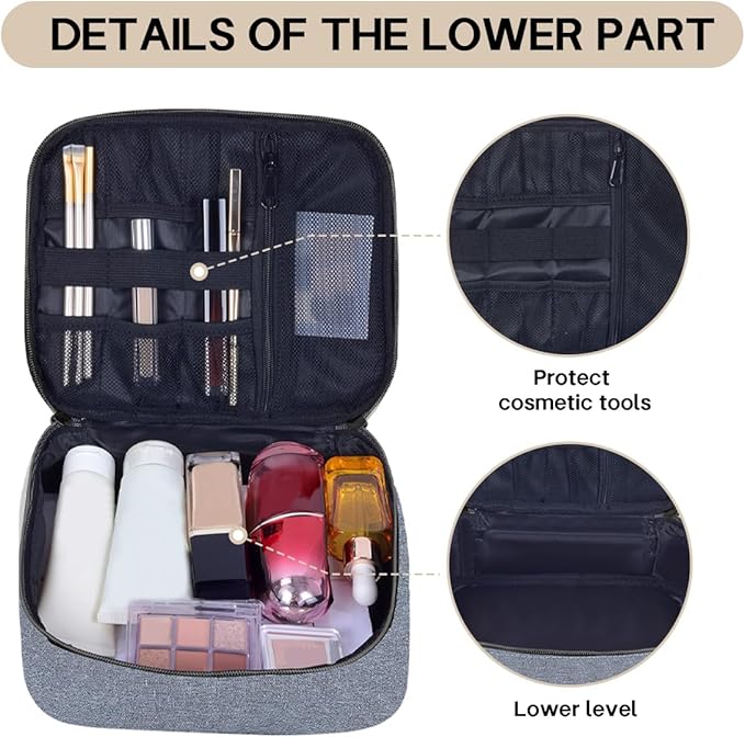 Double Layer Makeup Bag Portable Large Cosmetic Case Organizer with Adjustable Dividers Storage Travel Bag for Accessories Brushes Conditioner and Skin Care Products (Grey)