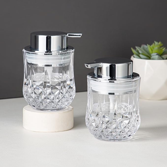 Glass Soap Dispenser Set - 2 Pack Bathroom Hand Liquid Soap Dispensers,Refillable Dish Soap Dispenser,Modern Home Soap Dispenser for Bathroom,Kitchen(Clear/Silver Liquid Pump/2Pack)