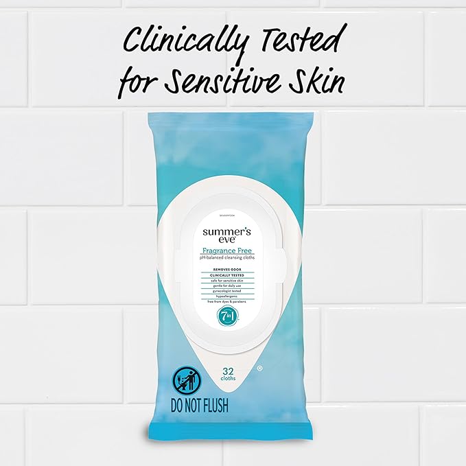 Summer's Eve Feminine Wipes, Fragrance Free, Vaginal Wipes with Gentle pH-Balanced Micellar Water Formula, Feminine Care to Help Remove Vaginal Odor, Gynecologist Tested, 32 Wipes, 4 Pack
