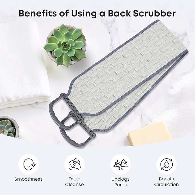Exfoliating Back Scrubber with Plastic Handles for Shower, 36 Inches Wider Bath Back Exfoliator Body Cleaner for Men, Women and Elderly, Dual-Sided Roughness Back Washer for Deep Cleansing