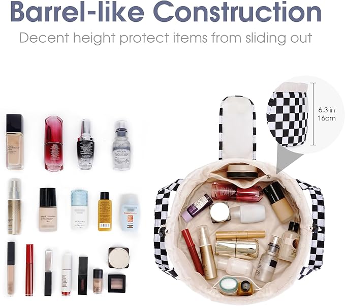 Narwey Barrel Drawstring Checkered Makeup Bag Large Cosmetic Bag Make up Bags Toiletry Bag Travel Bags for Toiletries Organizer for Women Gift for Teen Girls (Black Checkerboard) (Patent)