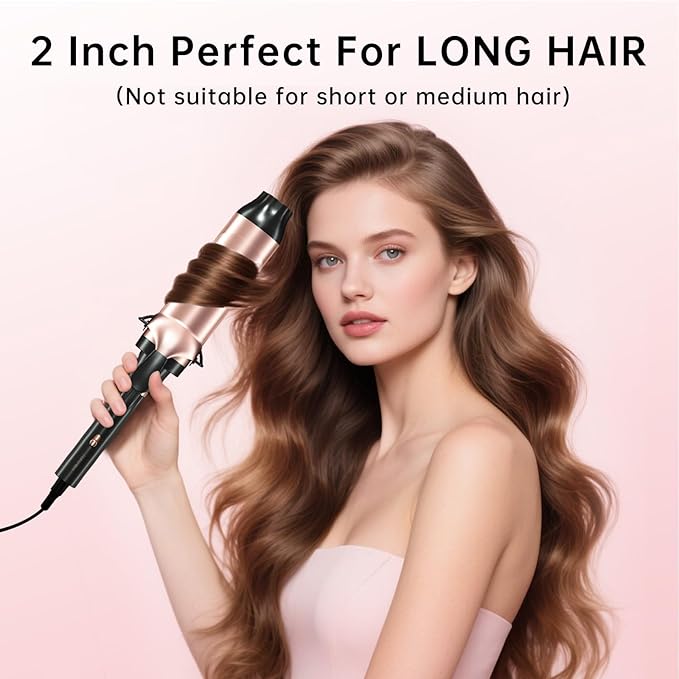 Hahahope Professional Two Inch Curling Iron with Clamp - Large Barrel Curling Wand for Long Hair, Dual Voltage, Adjustable Heat Settings, Lightweight Design Rose Gold