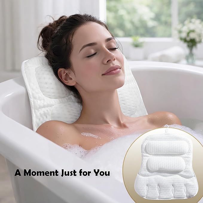 Bath Pillows for Tub, Full-Body Relaxation with Head, Neck & Shoulder Support, Ergonomic Design, 10 Suction Cups, Breathable 4D Air Mesh (White)