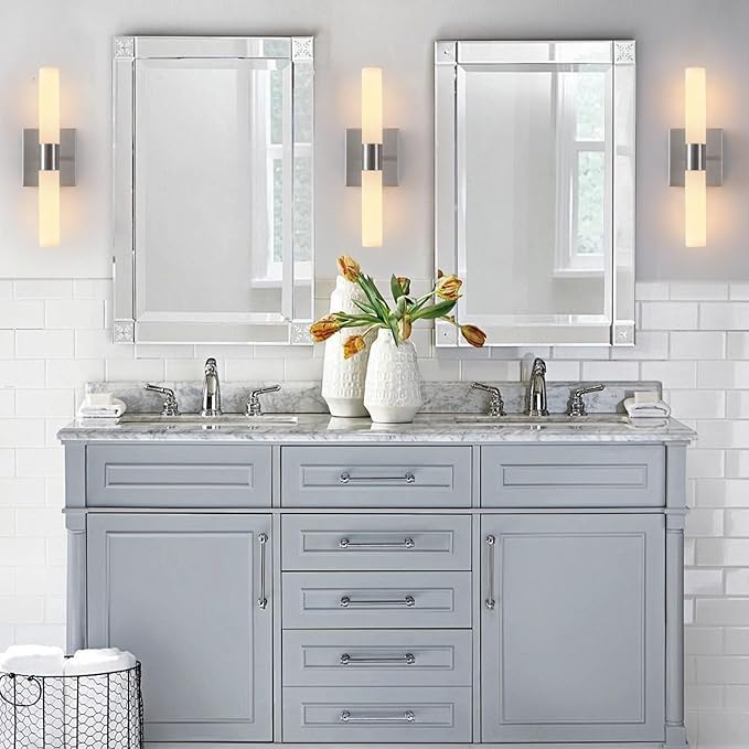Wall Sconces Set of Two Brushed Nickel Bathroom Sconces Wall Decor Set of 2 Modern Wall Light Fixtures Metal Sconces Wall Lighting with Frosted Glass Shade Wall Mounted Lamp