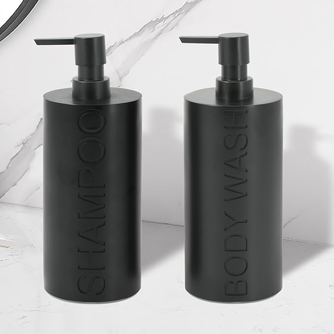 2-Pack Matte Black Resin Refillable Shampoo & Body Wash Bottles – Modern Bathroom Pump Dispenser Set, Durable Resin Shower Containers with Embossed Labels, Reusable Pump Bottle