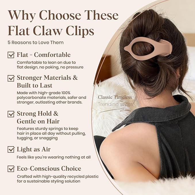 4 PCS Large Flat Hair Clips for Women Girls, French Concord Lay Down Flat Claw Clips for Thick Thin Hair, Comfortable Curved Flat Clip, Matte Non-slip Strong Hold Hair Accessories, Neutral