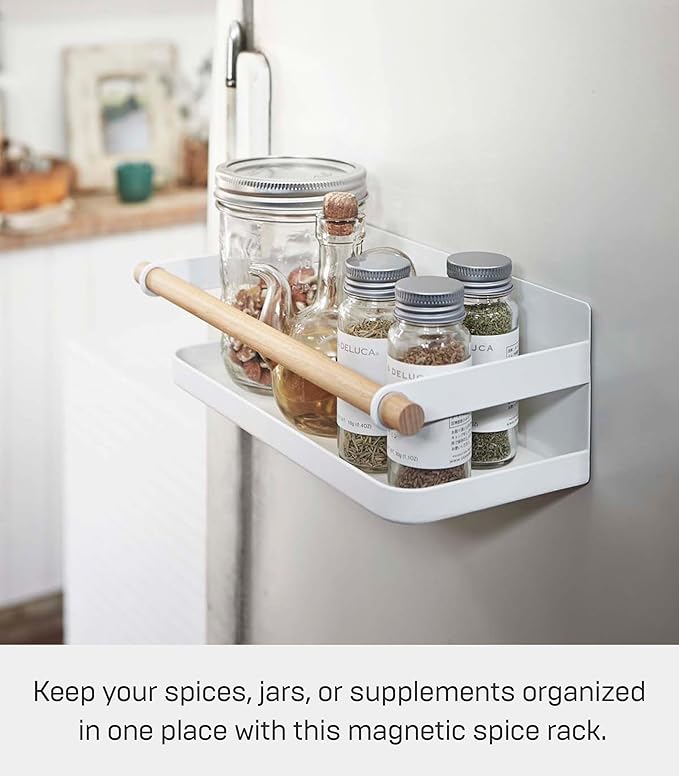 YAMAZAKI Home Tosca Magnetic Spice Storage Rack Organizer For Fridge - Steel + Wood