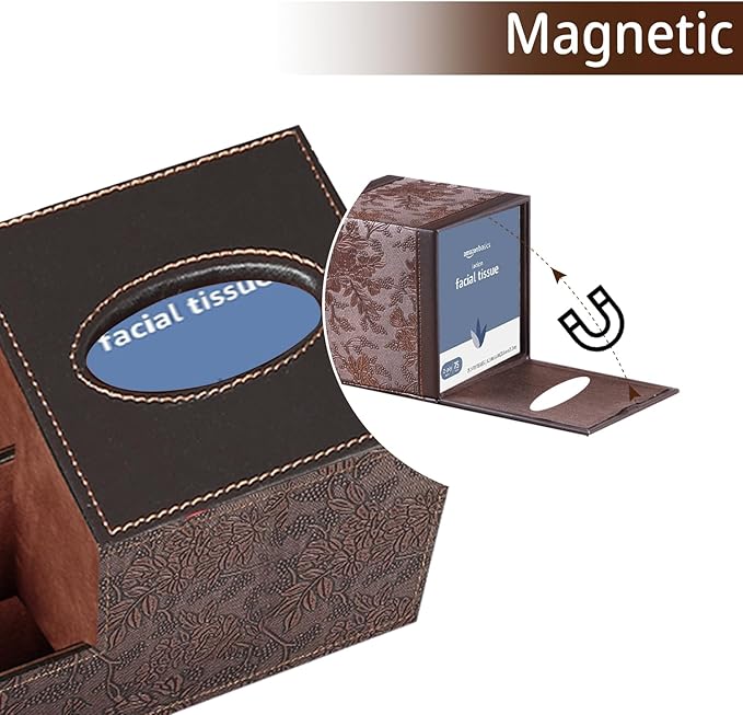 PU Leather Square Tissue Box Cover - Multi-Functional Tissue Box Holder, Tissue Box Cover with Storage,Tissue and Remote Control Holder, Cube Tissue Box Organizer Bedroom Nightstand End Table