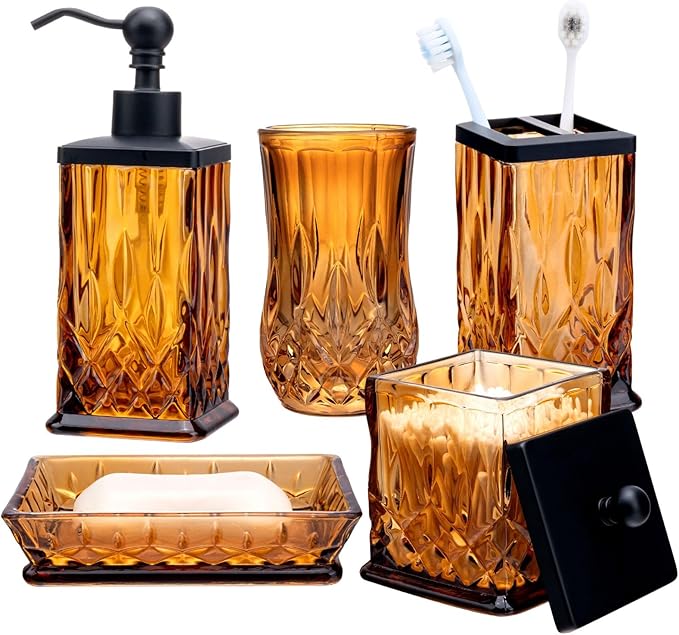 Bathroom Accessories Set,5 Pcs Amber Glass Bathroom Accessory Set,Complete Lotion Soap Dispenser,Toothbrush Holder,Soap Dish,Tumbler & Jar,Modern Bathroom Decor Sets Gift,Square
