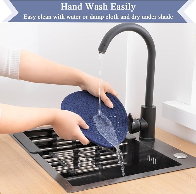 SHACOS 8 Inches Trivets for Hot Dishes, 4 Pieces Cotton Trivets Mats for Kitchen with Storage Basket, Hot Pads for Countertops and Table, Heat-Resistant Pot Holders for Hot Pots and Pans, Navy Blue
