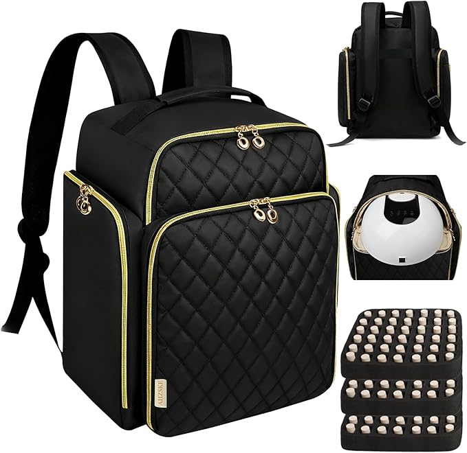 Nail Polish Organizer Backpack Holds 126 Bottles& Nail Lamp, Extra Large Nail Kit Supplies Organizer Bag with 3 Removable Cases, Portable Nail Organizers and Storage for Travel (Pure Black)