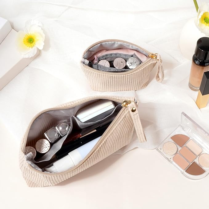 MAGEFY 2Pcs Makeup Bag Set, Cute Makeup Pouch for Purse Corduroy Travel Cosmetic Pouch for Women with Slip-in Pockets for Purse Essentials Accessories(Beige,Mini+Small)