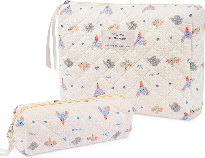2PC Makeup Bag Set, Cute Cosmetic Bag for Women Girls, Floral Coquette Aesthetic Toiletry Bag, Travel Make Up Organizer Bag (Elephant)