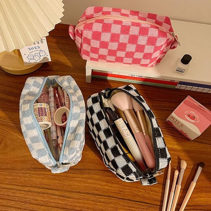 SxoSyo 2 Pcs Cosmetic Bags for Women Makeup Bag Purse Travel Toiletry Zipper Storage Pouch Make up Brushes Organizer for Gifts (Checkered, Orange 2)