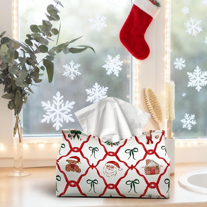 Christmas Tissue Box Cover Rectangle, Green Red Tissue Box Holder, Santa Bows Winter PU Leather Tissue Covers Decorative for Home Office Kitchen, Cute for Women Girls 9.8x5.9x5.9