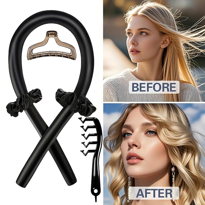 Silk Heatless Curling Set -Heatless Curls Overnight with Hair Rollers and Hair Curlers to Sleep In to Achieve Hair Rollers for Blowout Look Long Hair-Gift (Black Suit)