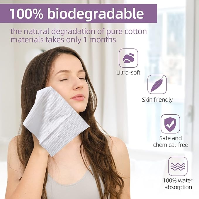 130 Count 2 PACK Disposable Face Towel, 100% Cotton Biodegradable, SoftLarge Size 10"X 12"and Thick Disposable Clean Face Towels for Washing and Drying RUIJIU