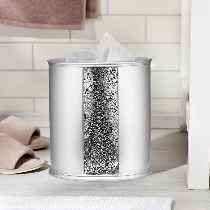 Zahari Home 2pc Sinatra Silver Modern Bath Accessories Set Waste Basket & Tissue Box Modern Classic Contemporary Decorative Beautiful Designs Bathroom Decor Set for Home Mosaic Glass