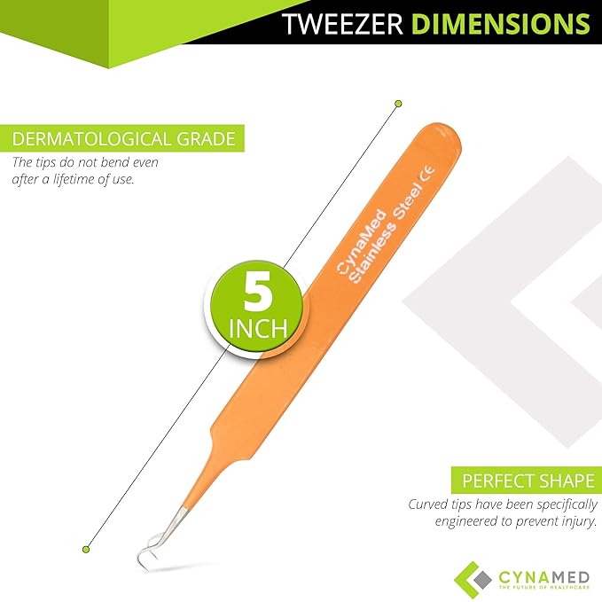 Blackhead Tweezer - Professional Curved Steel Tip Surgical Comedone & Splinter Extractor. Ideal Blemish & Acne Remover Tool Means Flawless Facial Skin (Orange)