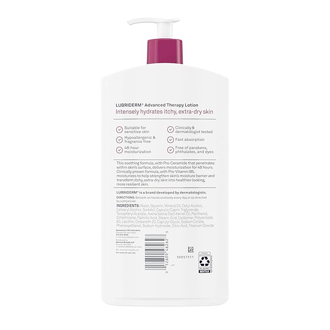 Lubriderm Advanced Therapy Fragrance Free Moisturizing Hand & Body Lotion + Pro-Ceramide, Intense Hydration for Itchy, Extra Dry, & Sensitive Skin, Non-Greasy, Hypoallergenic, 24 fl. oz