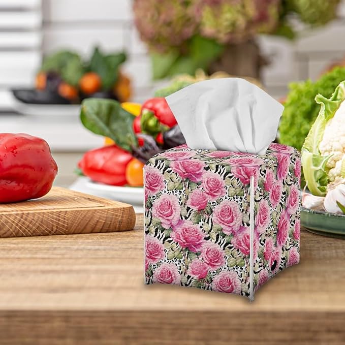 Rose Leopard Decorative Tissue Box Cover, Waterproof PU Leather Square Holder with Metal Button, Protective Napkin Case for Bathroom Countertop, Office Desk, and Car Interior