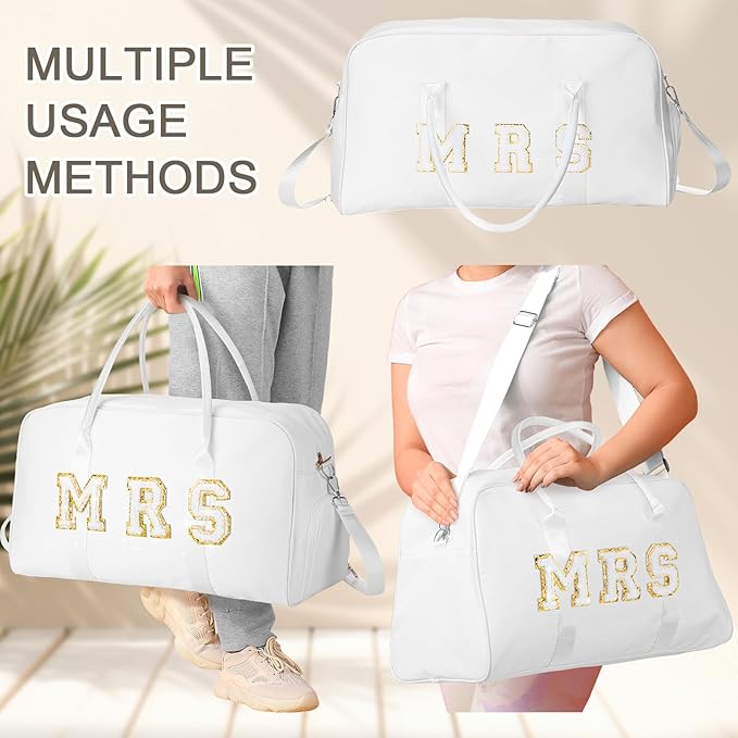 2 Pcs Wedding Weekender Bag Bride Groom Duffle Bag Chenille Letter Patch Travel for Bridal Shower Honeymoon Gift(Mrs,White)
