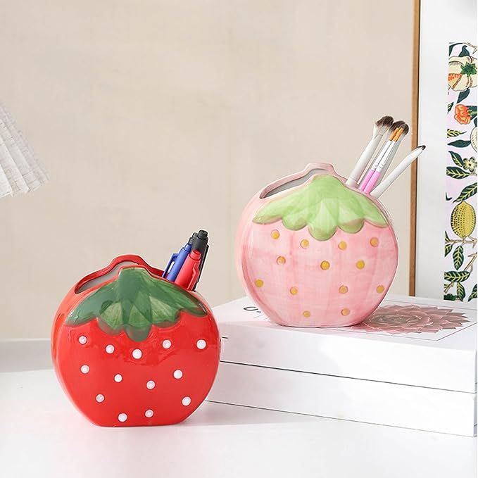TANG SONG Ceramic Strawberry Make up Brush Holder Cosmetic Storage Box Pen and Pencil Holder Desktop Organizers (Red)