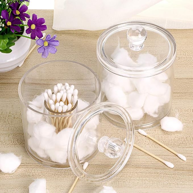 Hipiwe Cotton Ball and Swab Organizer with Lid Apothecary Acrylic Jar Makeup Qtip Organizer Bathroom Storage Canister Jar for Cotton Rounds Pads Q-tips Holder