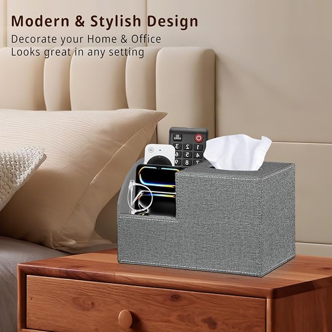 Square Multi-Functional Tissue Box Cover with Storage and Remote Control Holder - Cube Tissue Box Organizer for Bathroom, Nightstand, End Table