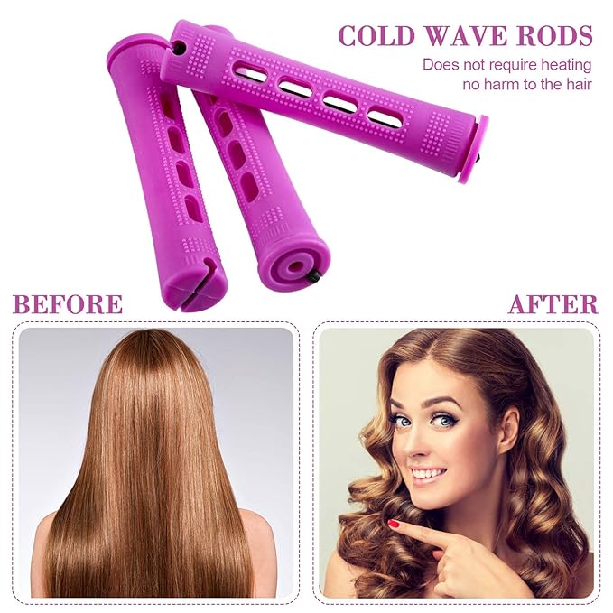 Chuangdi 24 Pcs Hair Perm Rods Plastic Cold Wave Perming Curlers Hair Rollers with Steel Pintail Comb Rat Tail Comb Tools for Hairdressing Styling(Purple,0.75 Inches)
