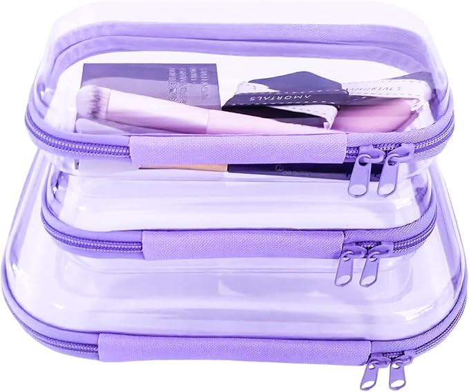 3 Pcs Clear Hard Zipper Case, Hard Shell Plastic Clear Organizer Bag, Transparent Makeup Pouches, Portable Box for Travel Toiletries Storage Bins (Purple)