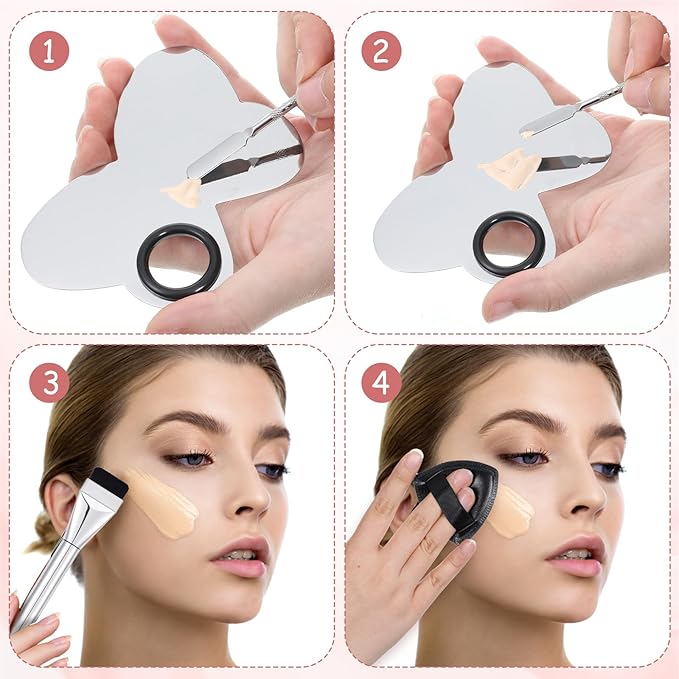 Makeup Mixing Palette Korean Set with Foundation Brush and Spatula, Professional Stainless Steel Butterfly Makeup Palette Reusable Beauty Tools for Facial Cosmetic,Nail Art,Pigment Blending