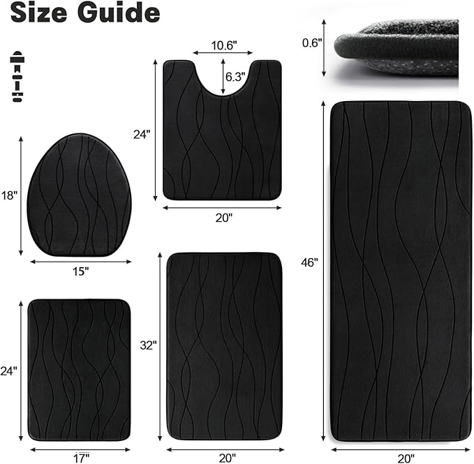 YIHOUSE Memory Foam Black Bathroom Rug Sets 5 Piece, Ultra Absorbent Bath Mat for Bathroom - Non-Slip Machine Washable & Dry Quickly, 5 Piece Bathroom Mat Set, Black