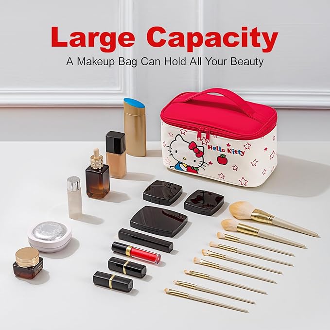 AmBealla Cosmetic Bag Large Makeup Travel Case with Brush Holder,Waterproof Makeup Bag Organizer with Hanging Hook,Travel Toiletry Bag for Women,Sweet&Stylish for Girls,Red Apple