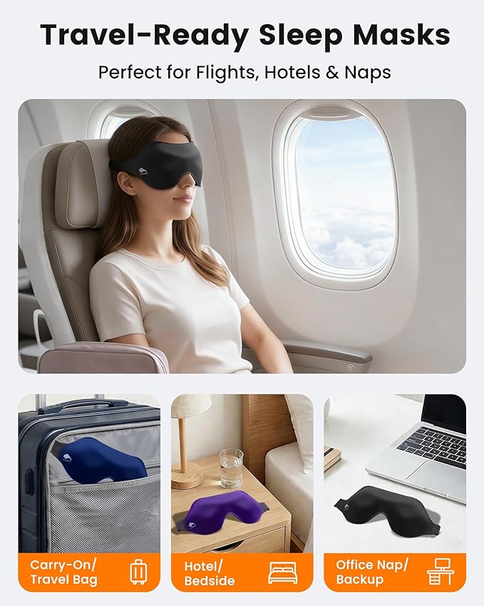 3 Pack Sleep Masks for Women & Men: True Blackout Eye Mask for Sleeping, 3D Contoured Zero Eye Pressure, Lash-Friendly (Blink Freely), Side Sleeper Comfort, Adjustable Strap Blindfold, Night Eye Cover